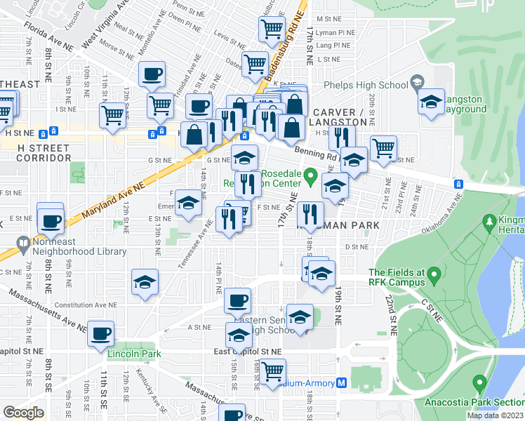 map of restaurants, bars, coffee shops, grocery stores, and more near 101 Independence Avenue Southeast in Washington