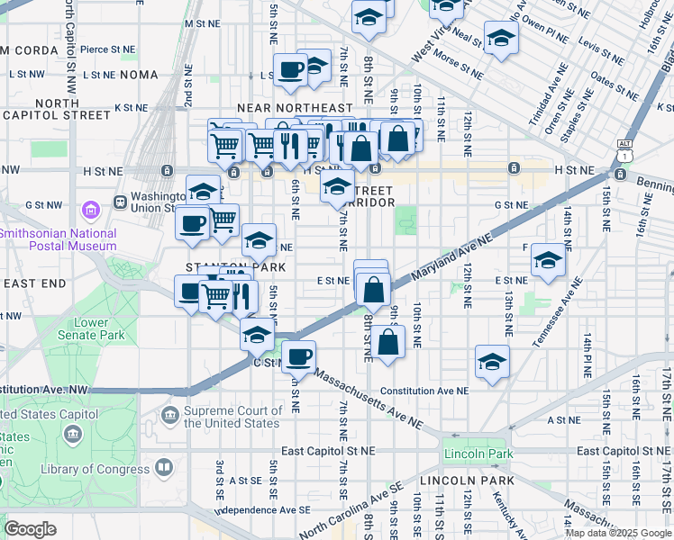 map of restaurants, bars, coffee shops, grocery stores, and more near 101 Independence Avenue Southeast in Washington