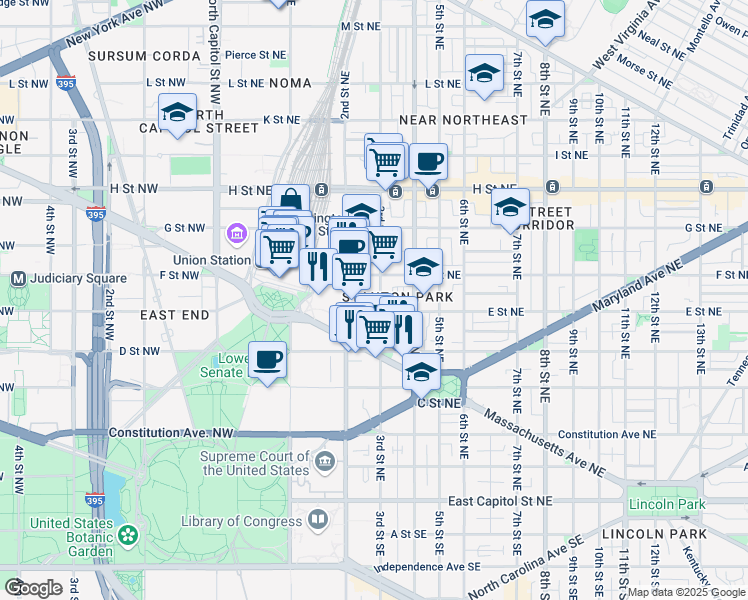 map of restaurants, bars, coffee shops, grocery stores, and more near 101 Independence Avenue Southeast in Washington