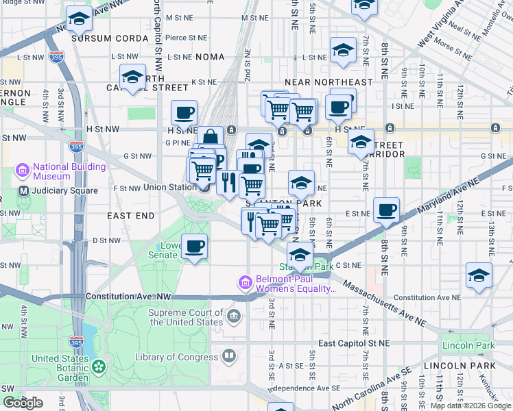 map of restaurants, bars, coffee shops, grocery stores, and more near 101 Independence Avenue Southeast in Washington