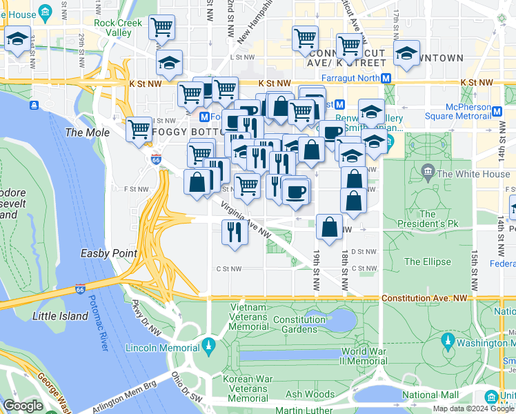 map of restaurants, bars, coffee shops, grocery stores, and more near 101 Independence Avenue Southeast in Washington