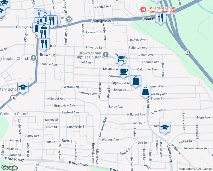 map of restaurants, bars, coffee shops, grocery stores, and more near 3161 Edgewood Avenue in Alton