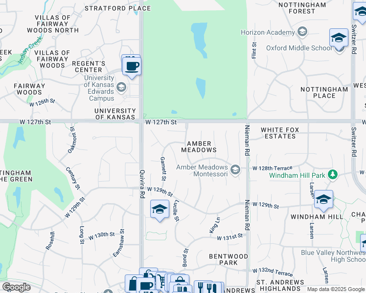 map of restaurants, bars, coffee shops, grocery stores, and more near 11509 West 127th Place in Overland Park