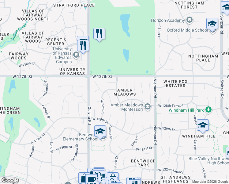map of restaurants, bars, coffee shops, grocery stores, and more near 11509 West 127th Place in Overland Park