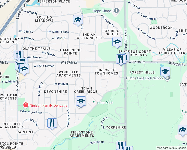 map of restaurants, bars, coffee shops, grocery stores, and more near 12805 South Seminole Drive in Olathe