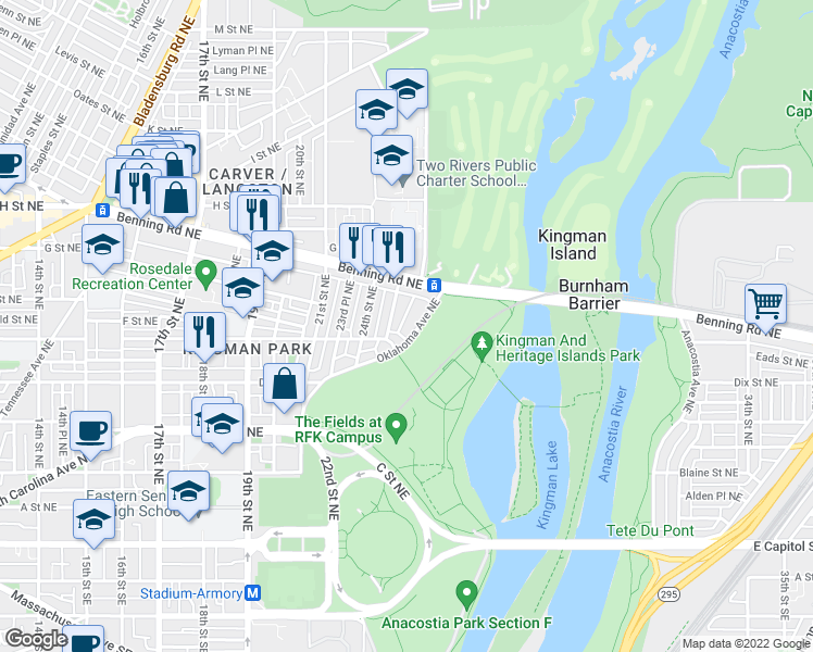 map of restaurants, bars, coffee shops, grocery stores, and more near 524 Oklahoma Avenue Northeast in Washington