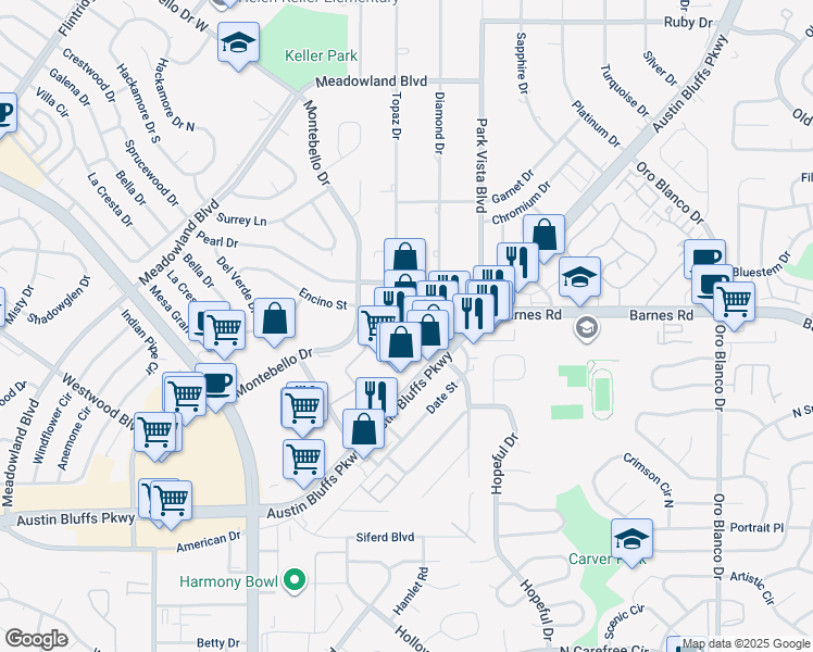 map of restaurants, bars, coffee shops, grocery stores, and more near 4370 Austin Bluffs Parkway in Colorado Springs