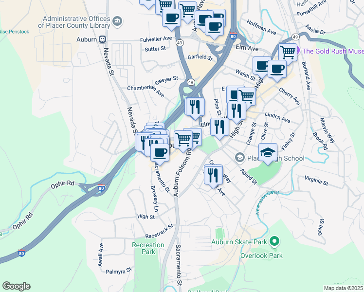 map of restaurants, bars, coffee shops, grocery stores, and more near 1409 Lincoln Way in Auburn