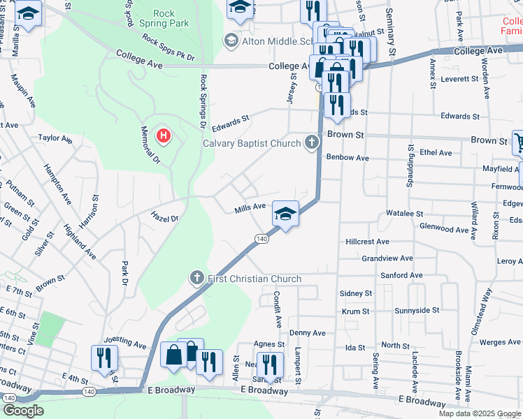 map of restaurants, bars, coffee shops, grocery stores, and more near 2409 Mills Avenue in Alton