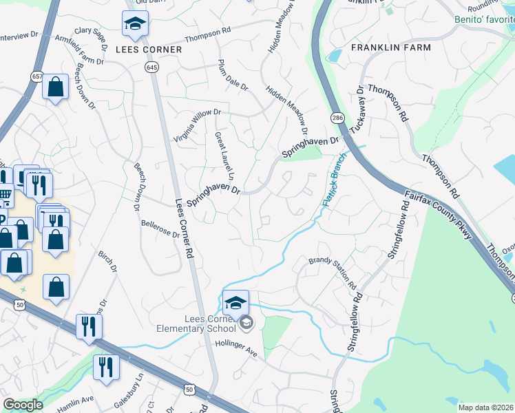 map of restaurants, bars, coffee shops, grocery stores, and more near 3606 Buckeye Court in Fairfax