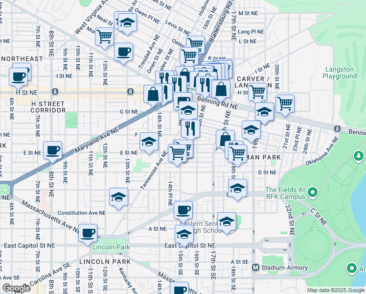 map of restaurants, bars, coffee shops, grocery stores, and more near 459 15th Street Northeast in Washington