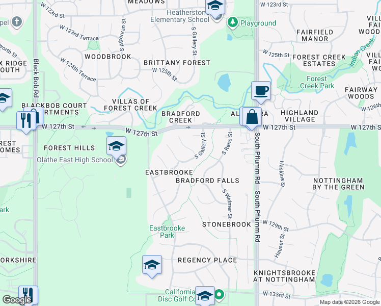map of restaurants, bars, coffee shops, grocery stores, and more near 12794 Hallet Street in Olathe