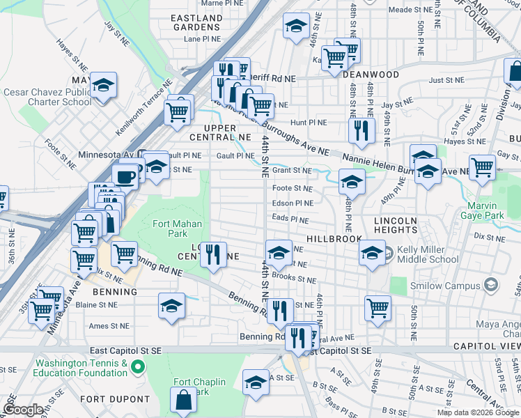 map of restaurants, bars, coffee shops, grocery stores, and more near 520 44th Street Northeast in Washington