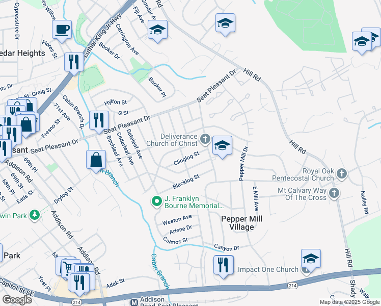 map of restaurants, bars, coffee shops, grocery stores, and more near 6708 Clinglog Street in Capitol Heights