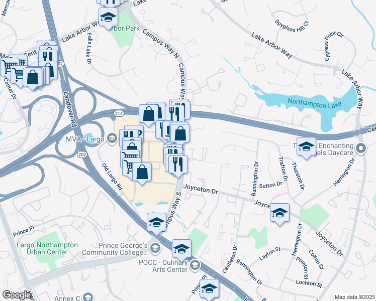 map of restaurants, bars, coffee shops, grocery stores, and more near 10663 Campus Way South in Upper Marlboro
