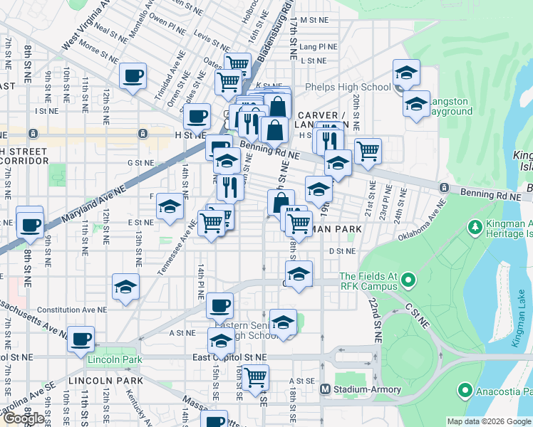 map of restaurants, bars, coffee shops, grocery stores, and more near 101 Independence Avenue Southeast in Washington