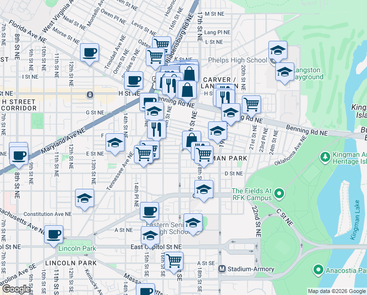 map of restaurants, bars, coffee shops, grocery stores, and more near 101 Independence Avenue Southeast in Washington
