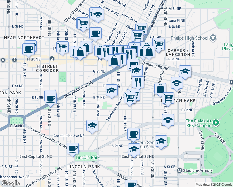 map of restaurants, bars, coffee shops, grocery stores, and more near 101 Independence Avenue Southeast in Washington