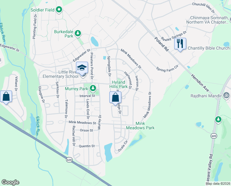 map of restaurants, bars, coffee shops, grocery stores, and more near 25973 Flintonbridge Drive in Chantilly