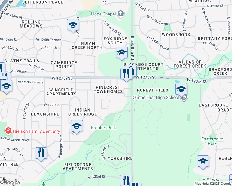 map of restaurants, bars, coffee shops, grocery stores, and more near 15303 West 128th Street in Olathe
