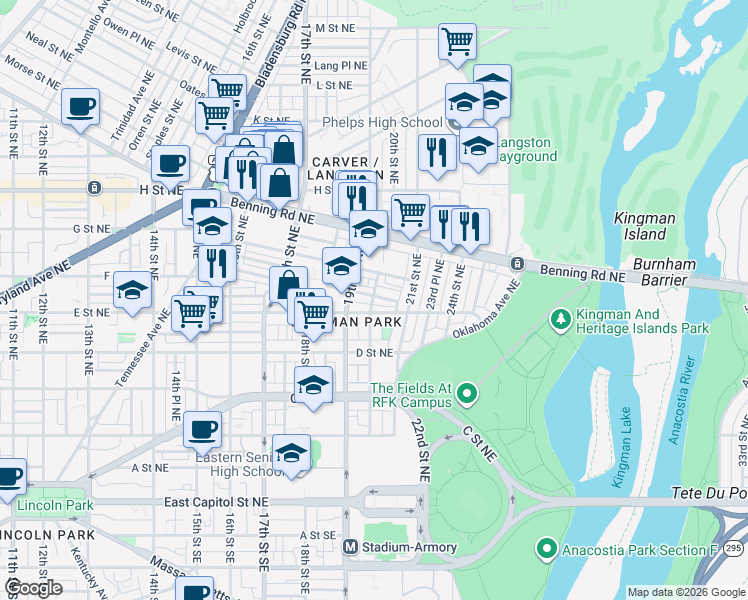 map of restaurants, bars, coffee shops, grocery stores, and more near 101 Independence Avenue Southeast in Washington