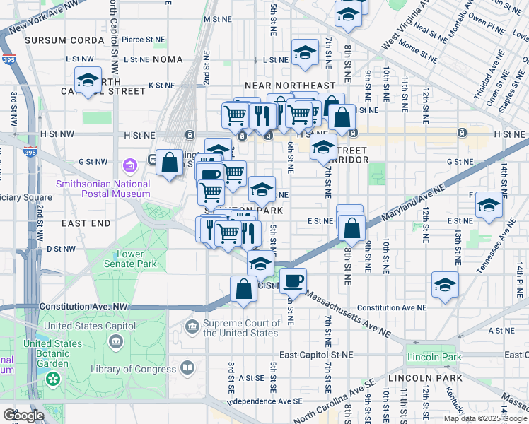 map of restaurants, bars, coffee shops, grocery stores, and more near 410 E Street NE in Washington