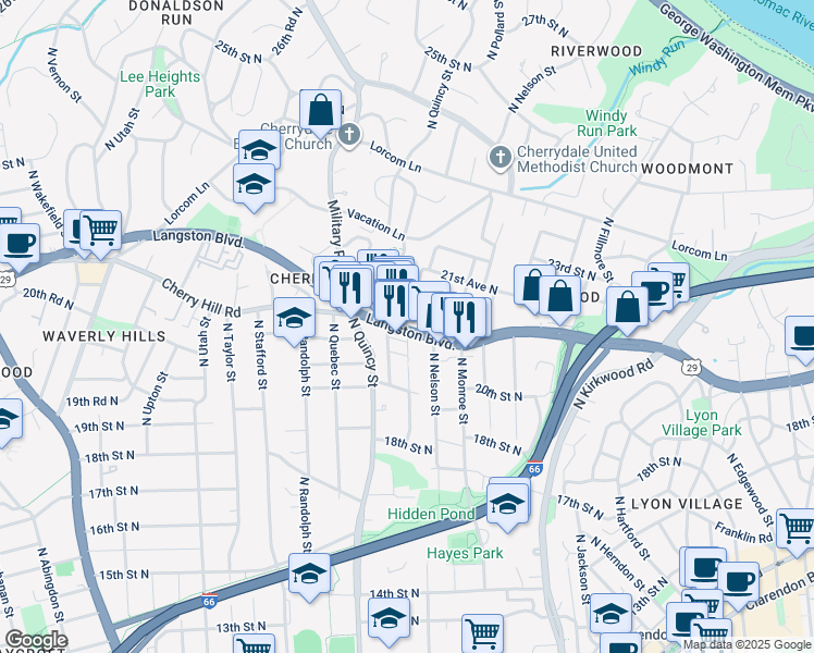 map of restaurants, bars, coffee shops, grocery stores, and more near 3800 Lee Highway in Arlington