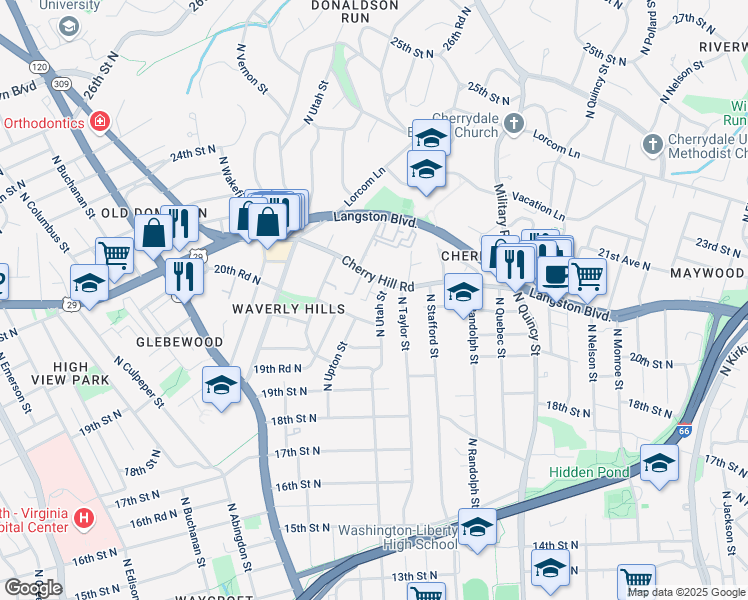 map of restaurants, bars, coffee shops, grocery stores, and more near 2121 North Tazewell Court in Arlington