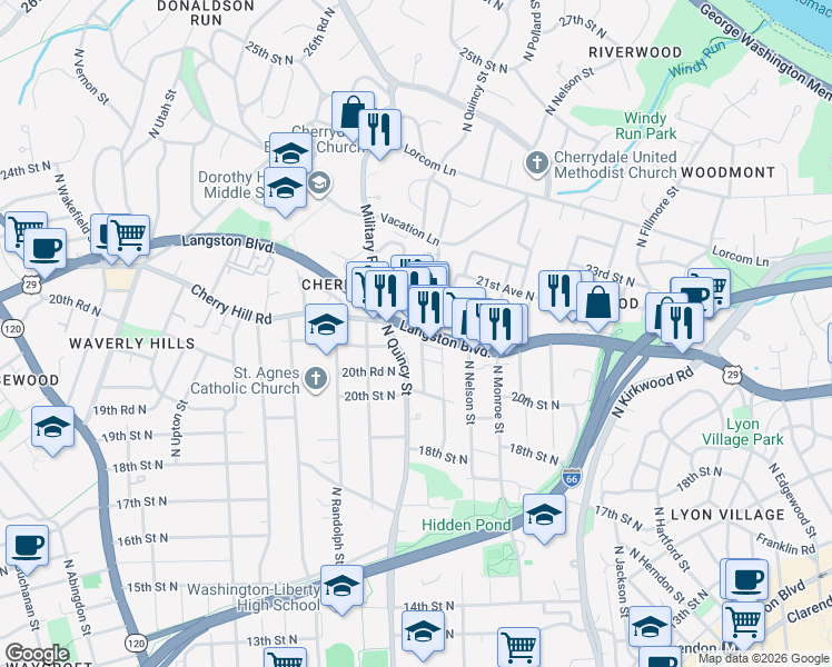 map of restaurants, bars, coffee shops, grocery stores, and more near 3900 U.S. 29 in Arlington