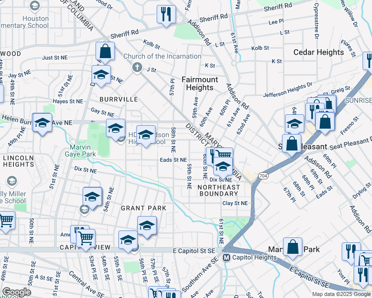 map of restaurants, bars, coffee shops, grocery stores, and more near 526 59th Street Northeast in Washington