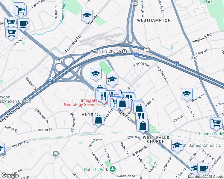 map of restaurants, bars, coffee shops, grocery stores, and more near 255 West Falls Station Boulevard in Falls Church