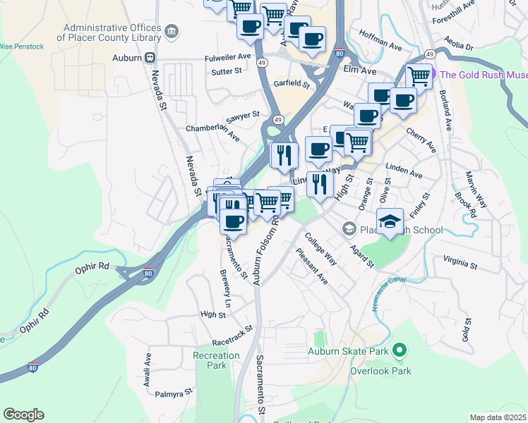 map of restaurants, bars, coffee shops, grocery stores, and more near 1409 Lincoln Way in Auburn
