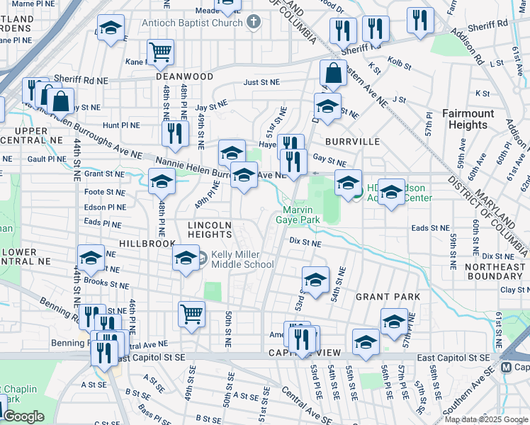 map of restaurants, bars, coffee shops, grocery stores, and more near 523 50th Place Northeast in Washington