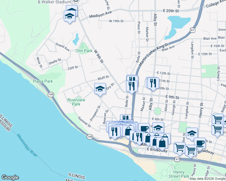 map of restaurants, bars, coffee shops, grocery stores, and more near 316 Atkinson Avenue in Alton