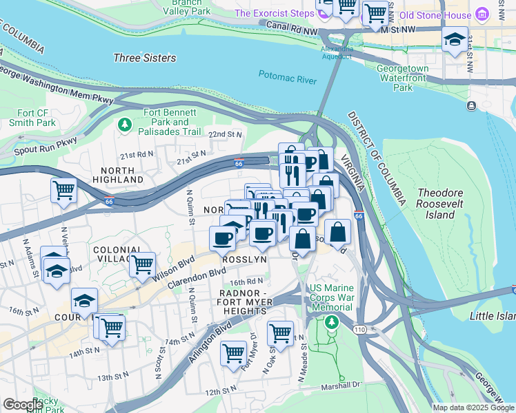 map of restaurants, bars, coffee shops, grocery stores, and more near 1505 Key Boulevard in Arlington