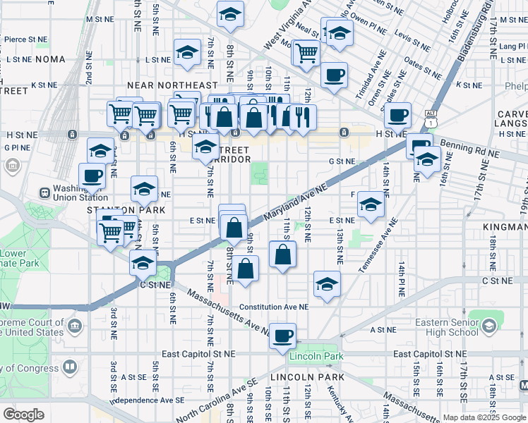 map of restaurants, bars, coffee shops, grocery stores, and more near 924 Maryland Avenue Northeast in Washington