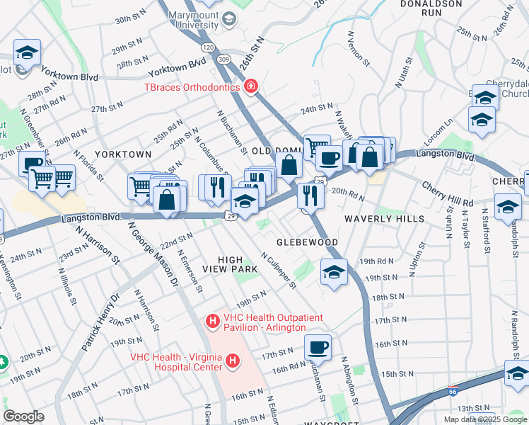 map of restaurants, bars, coffee shops, grocery stores, and more near 4808 Lee Highway in Arlington
