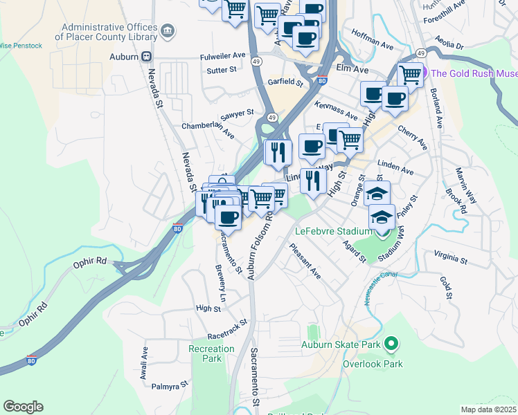 map of restaurants, bars, coffee shops, grocery stores, and more near 1409 Lincoln Way in Auburn