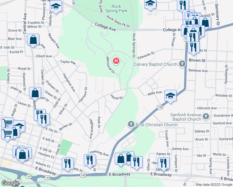 map of restaurants, bars, coffee shops, grocery stores, and more near 1241 Brown Street in Alton