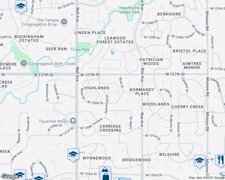 map of restaurants, bars, coffee shops, grocery stores, and more near 5009 West 128th Street in Leawood