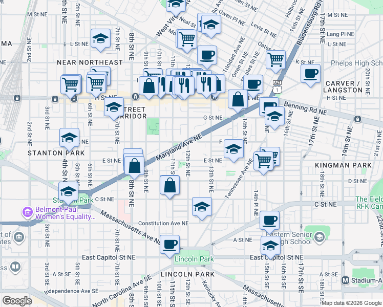 map of restaurants, bars, coffee shops, grocery stores, and more near 101 Independence Avenue Southeast in Washington