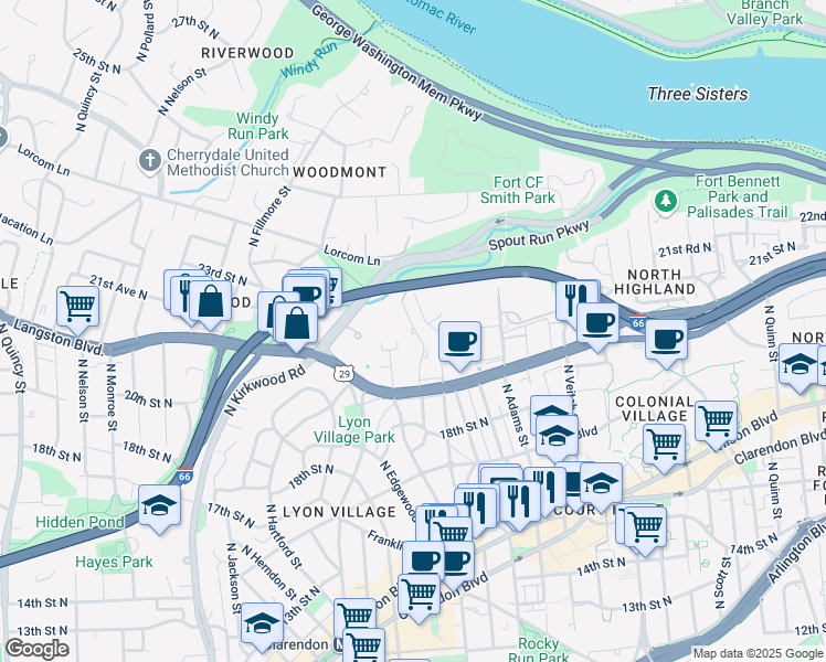 map of restaurants, bars, coffee shops, grocery stores, and more near 2010 North Cleveland Street in Arlington