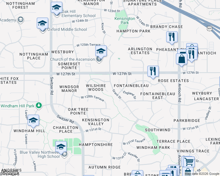 map of restaurants, bars, coffee shops, grocery stores, and more near 12710 Grant Street in Overland Park