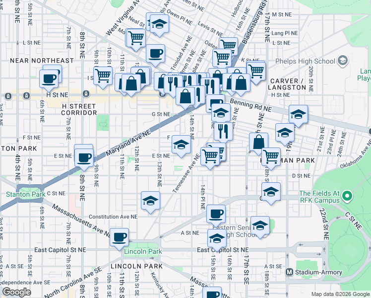 map of restaurants, bars, coffee shops, grocery stores, and more near 1373 Emerald Street Northeast in Washington