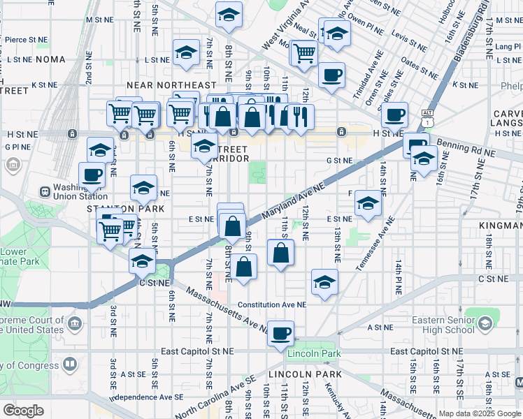 map of restaurants, bars, coffee shops, grocery stores, and more near 924 Maryland Avenue Northeast in Washington
