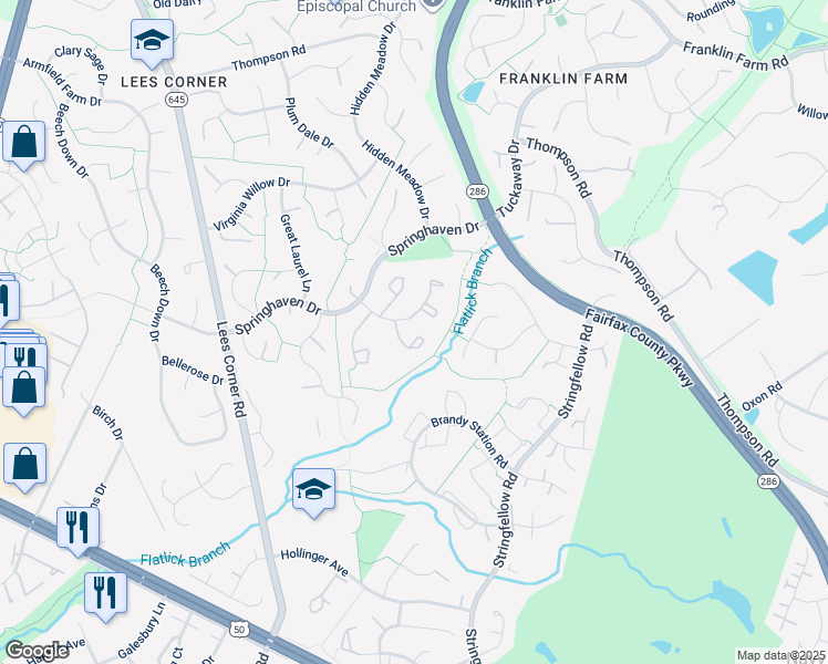 map of restaurants, bars, coffee shops, grocery stores, and more near 3741 Broomsedge Court in Fairfax