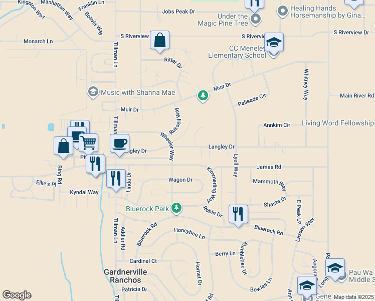 map of restaurants, bars, coffee shops, grocery stores, and more near 1367 Langley Drive in Gardnerville