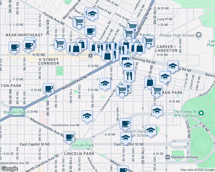 map of restaurants, bars, coffee shops, grocery stores, and more near 1373 Emerald Street Northeast in Washington