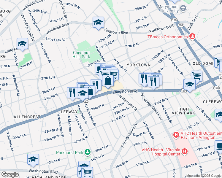map of restaurants, bars, coffee shops, grocery stores, and more near 2425 North Harrison Street in Arlington
