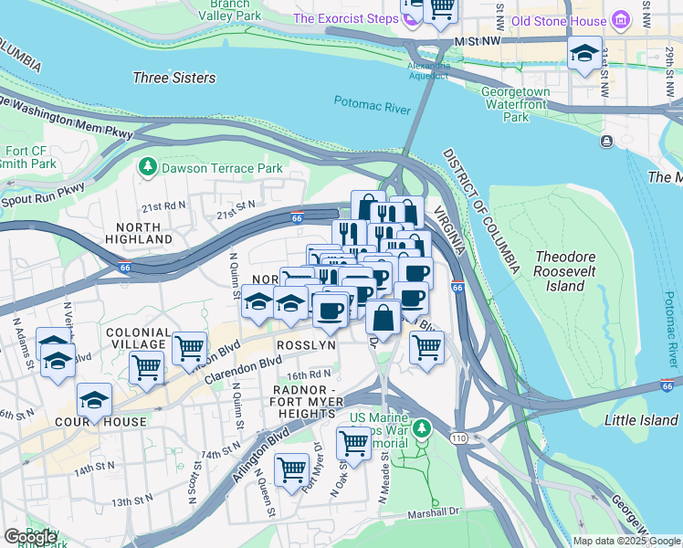 map of restaurants, bars, coffee shops, grocery stores, and more near 1411 Key Boulevard in Arlington